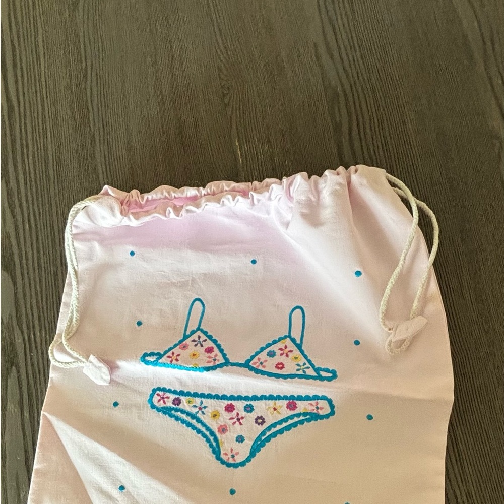 White Bikini Drawstring Bag with Blue and Pink Accents - Picture 6 of 9
